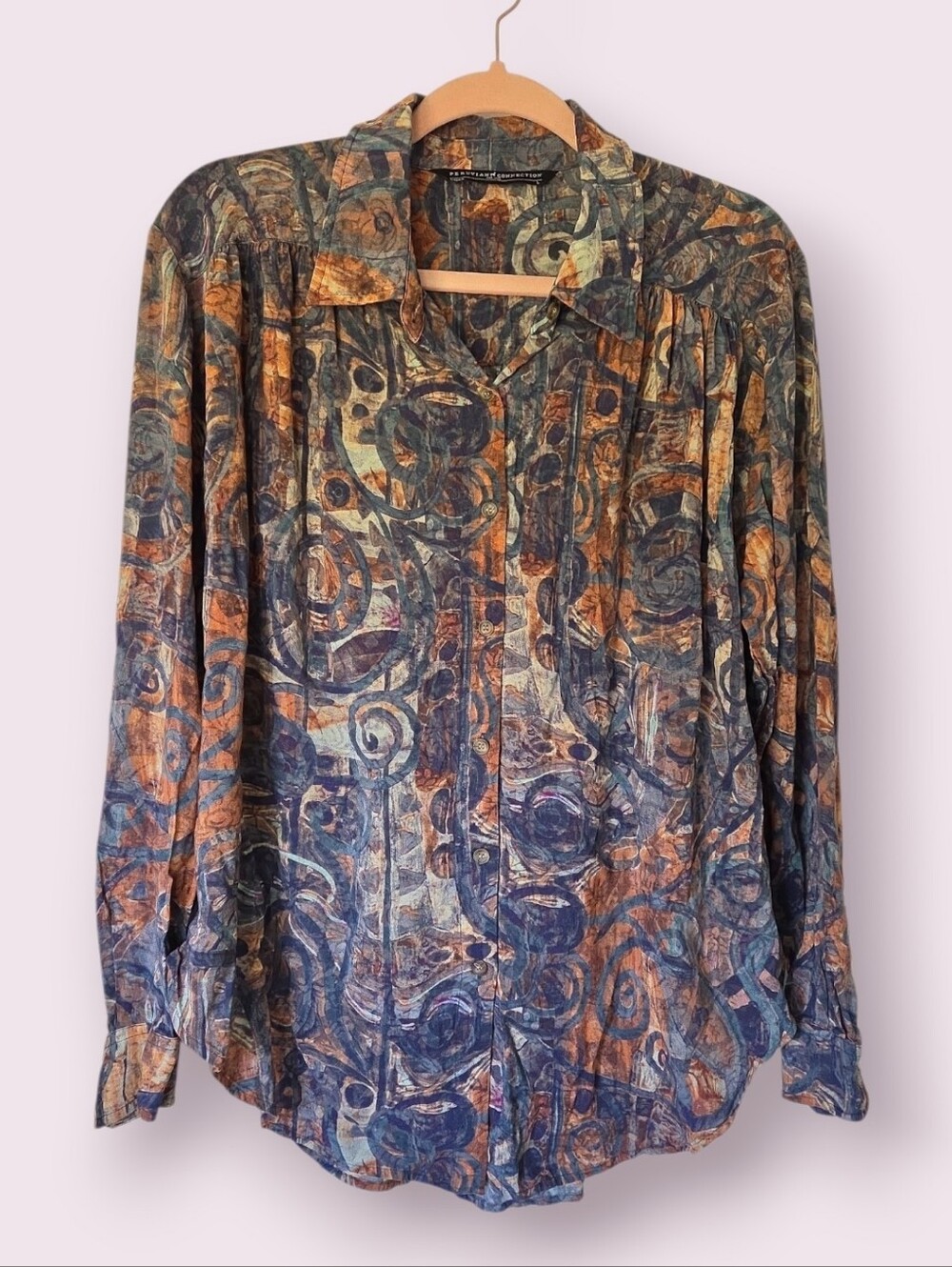 Peruvian Connection Abstract Swirl Print Button Front Blouse Shirt Size L